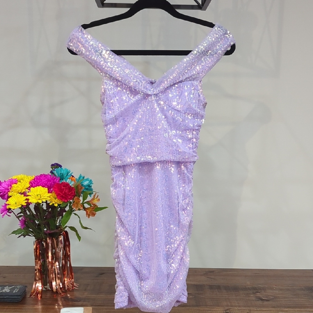 Lucy in the Sky Purple Ruched Off-Shoulder Bodycon Dress